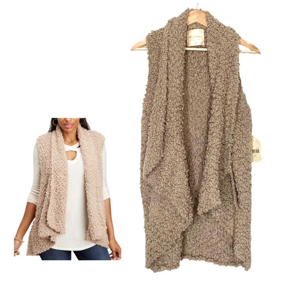 Altar’d State Fluffy Teddy Open Front Cardigan Sweater Vest Light Taupe XS NWT